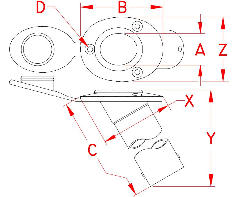 Heavy Duty Top Rod Holder with Cap, S3611-0001, Line Drawing Heavy Duty Top Rod Holder with Cap, S3611-0001, Line Drawing